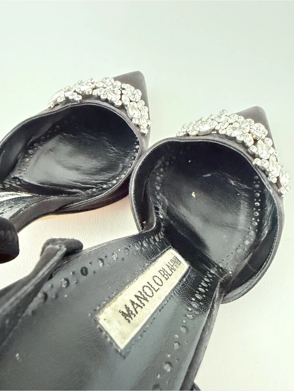 MANOLO BLAHNIK | Lurum Black Satin Crystal Embellished Mule Heels EU 37